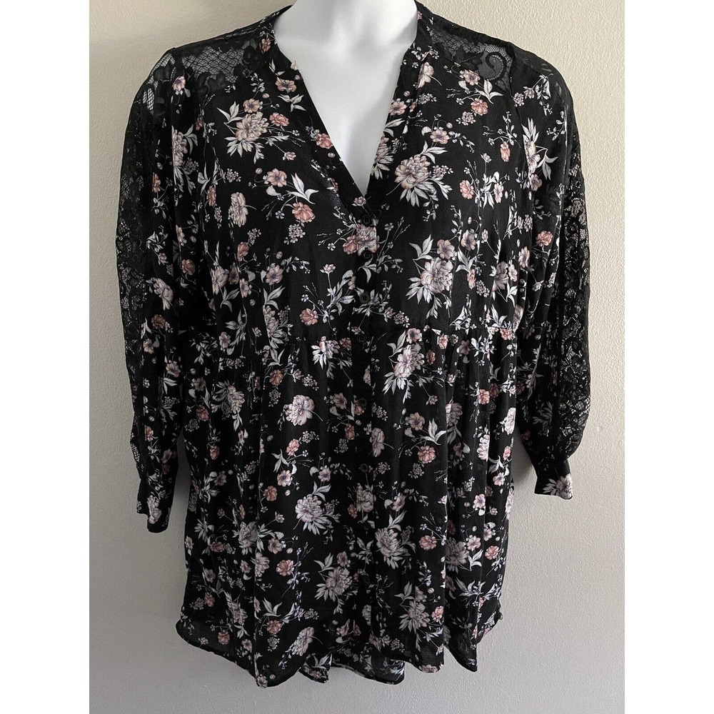 Torrid Womens Top Black & Pink Size 1 Floral‎ High Low Tunic Lace Rayon Shirt